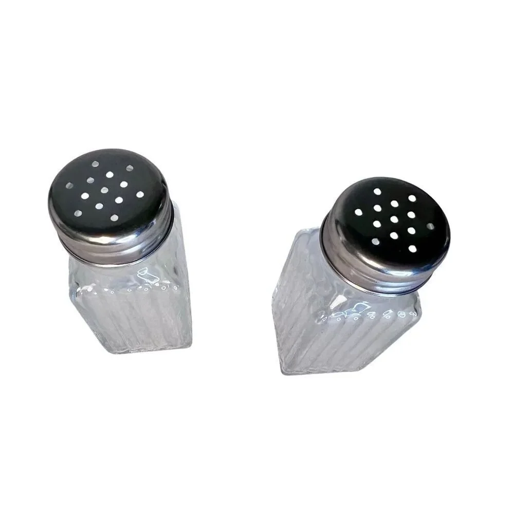 Vintage SQUARE Ribbed Clear Glass SALT and PEPPER Shaker Set - With Metal Lids